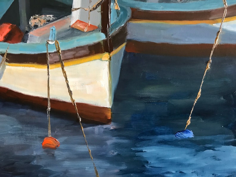 boat painting, blue boats, ocean painting, marina, canvas painting image 8