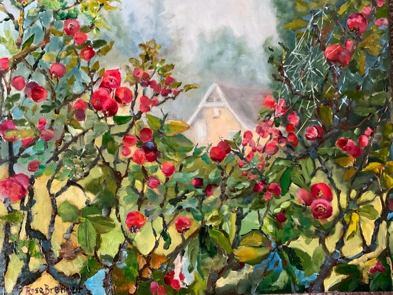 Red apples original canvas oil painting, office decor, living room mantle art foggy misty wall decor, modern signed US artist