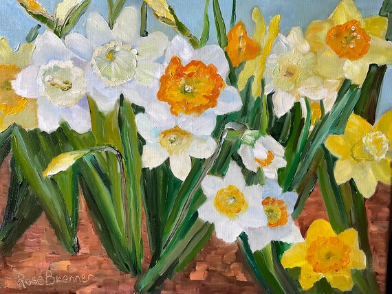 Flower Painting, spring flowers, Still Life, pansies, daffodils, Bedroom Decor, Living Room Art, floral home decor