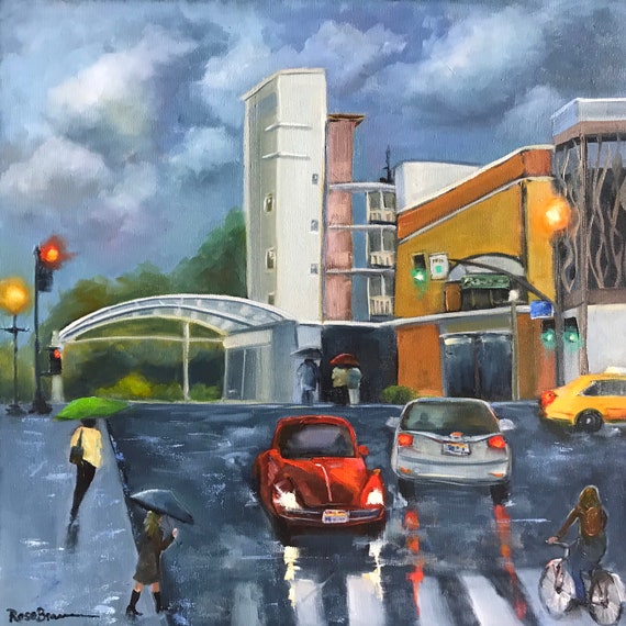 Sunnyvale California, cityscape, city scene, umbrella, city street, California city oil painting