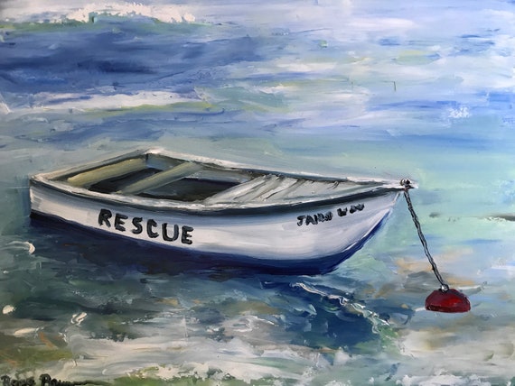 Boat painting, rescue boat, ocean Painting, Vacation Painting, ocean painting, Jamaica, plein air