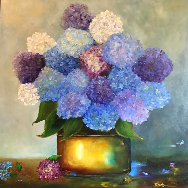 Flower Painting, Extra Large Painting, Oil canvas painting, hydrangeas, blue flowers, purple flowers