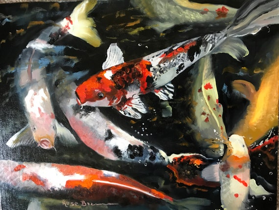 Fish koi original oil canvas painting by US artist fish pond goldfish, bright colors modern abstracstyle office bedroom fine art whimsical