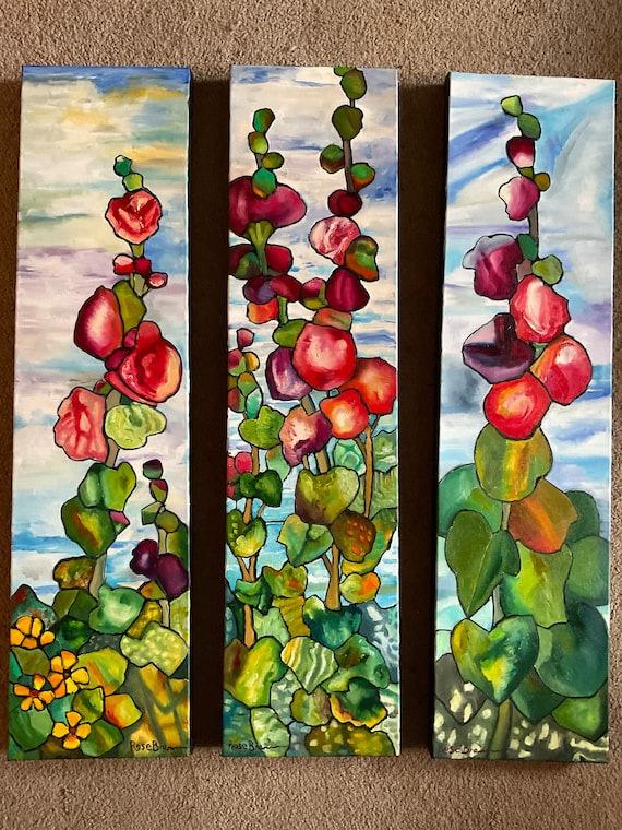 Set of three paintings, hollyhocks, triptych, flower paintings, set of 3, 3 matching canvases, Tiffany lamp, stained glass