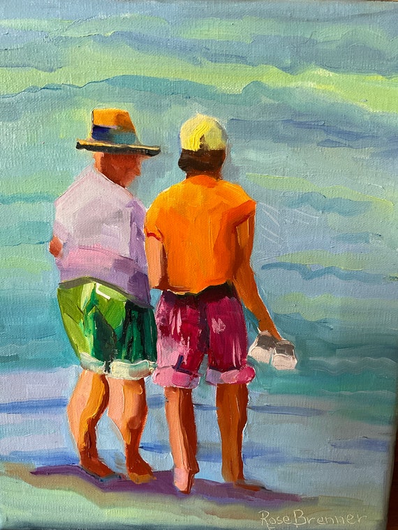Beach walk, people on the beach, ocean painting, whimsical beach art, friends, wall decor, canvas painting