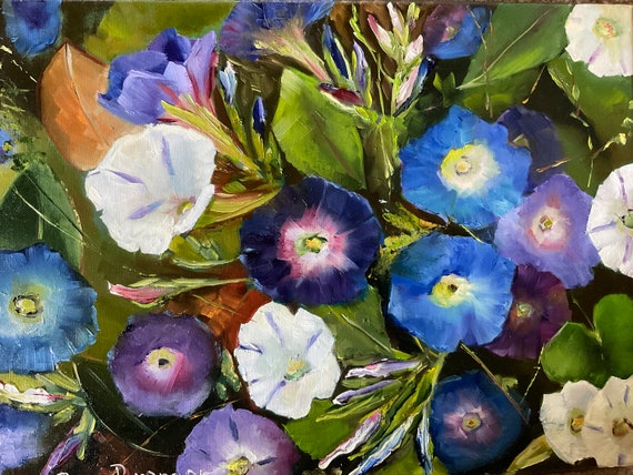 Purple blue flowers morning glories, plein air alla prima, violet cobalt original US artist oil painting, gift for gardeners