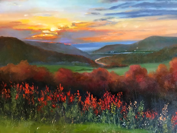 Sunset fall original landscape canvas oil painting wall art extra large office decor