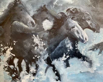 Lightning Art, horses painting, lightning storm, horses running, canvas painting, western painting