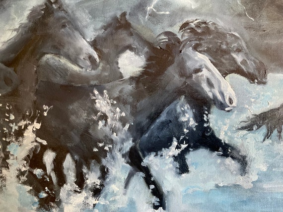 Lightning Art, horses painting, lightning storm, horses running, canvas painting, western painting