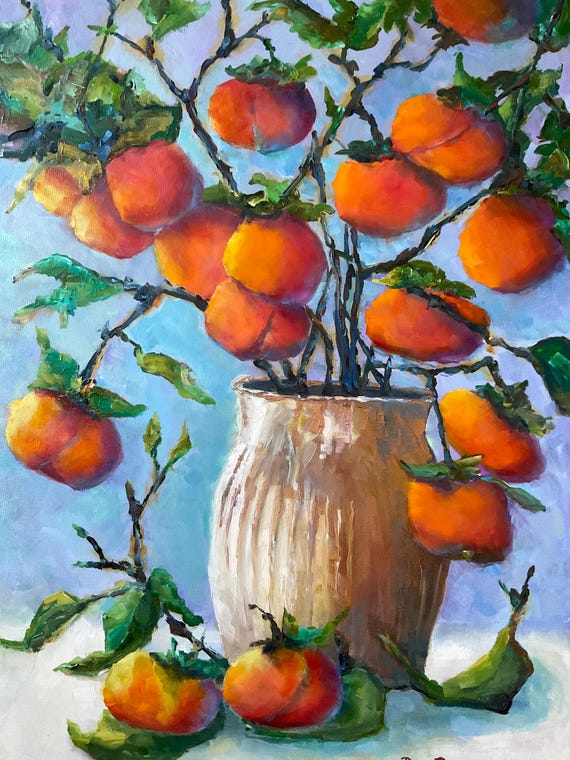 Orange fall persimmon still life canvas, copper vase peach colors, US artist, women bedroom office decor