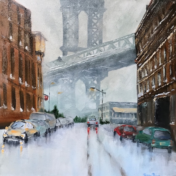 NY wall art original oil Painting, Brooklyn Bridge, NYC iconic street view, snow earthy tones, bedroom office painting, modern abstract art