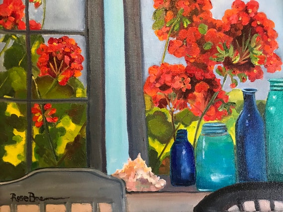 Geranium original canvas oil painting, red summer bright color flowers, bedroom office decor retro, blue bottles, message in a bottle