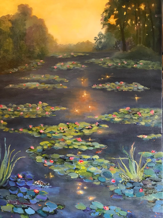 Sparkle fairies lily Pond original oil painting, golden Monet water lilies, home office decor large canvas, bright earthtone koi fish modern