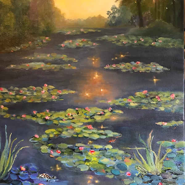 Sparkle fairies lily Pond original oil painting, golden Monet water lilies, home office decor large canvas, bright earthtone koi fish modern