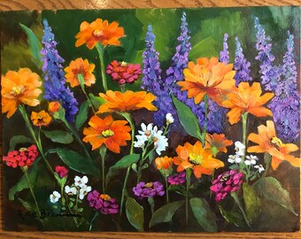 Flower painting, orange flowers, zinnias, Plein air painting, summer flowers, flower art, canvas painting