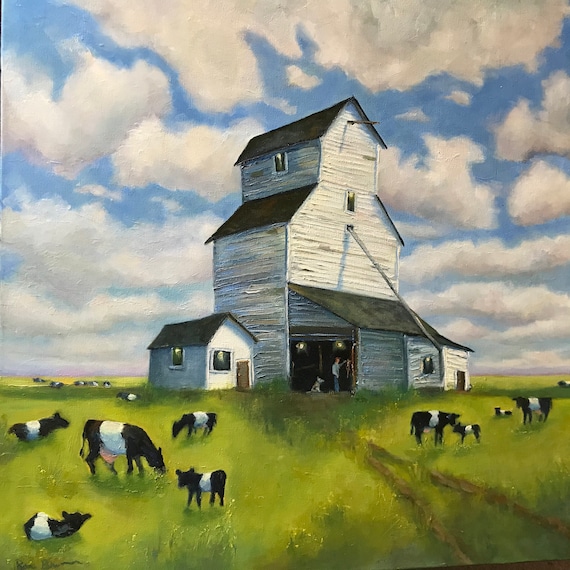 Cow original canvas oil painting, Barn painting, XL Painting, Farm big sky, living room wall decor, bright earth tones US artist whimsical
