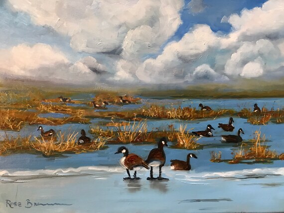 Geese painting, marsh, bird painting, Midwest landscape,  Landscape painting