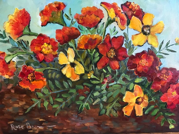 Marigolds, summer flower garden, canvas art, Garden scene, canvas painting, flower painting, gifts for a gardener