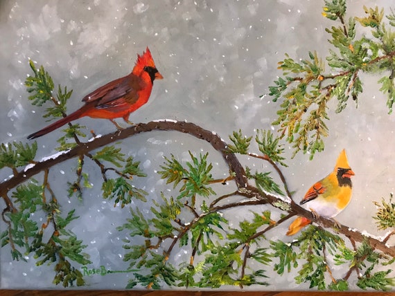 Bird Painting, cardinals, cardinal painting, Indiana painting, XL Painting,