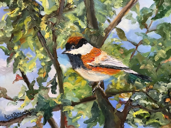 Bird robin original oil painting canvas abstract whimsical garden summer earthy tones, landscape fine art, office bedroom decor