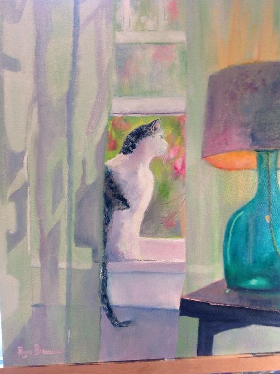 Cat Painting, Large Oil Painting, Gifts for Her, Gifts for Cat Lovers, Cat In The Window, Emerald Green Color