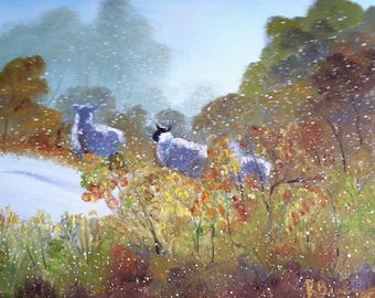 Sheep Painting, Early Snow, Landscape Painting, Birthday Present, Small Art