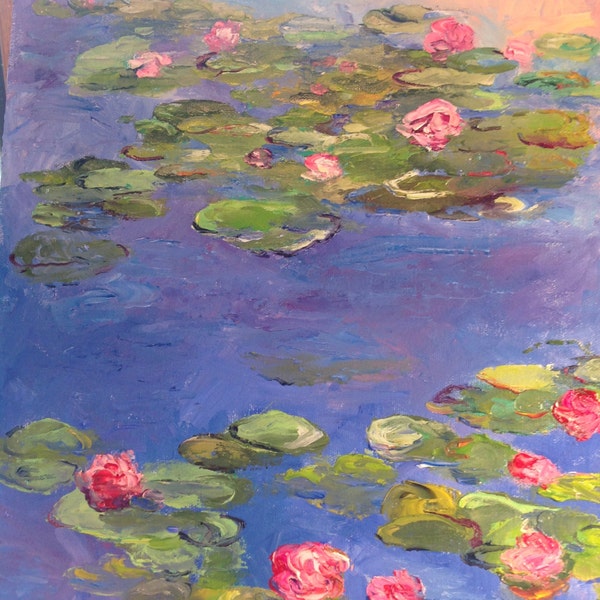 Monet Style Painting, Large Painting, Lily Pond, Impressionist, Lily Pad, Flower Art, Summer art