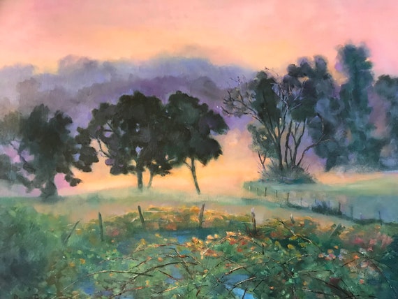 Foggy sunrise dawn original oil painting, orange misty fog country scenery, canvas landscape Painting, pastel peach colors bedroom office