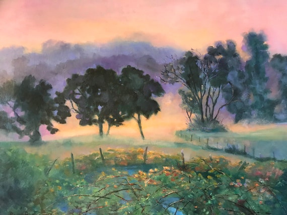 Foggy painting, morning sunrise, morning dawn, orange dawn, country scenery, canvas painting, Landscape, Painting