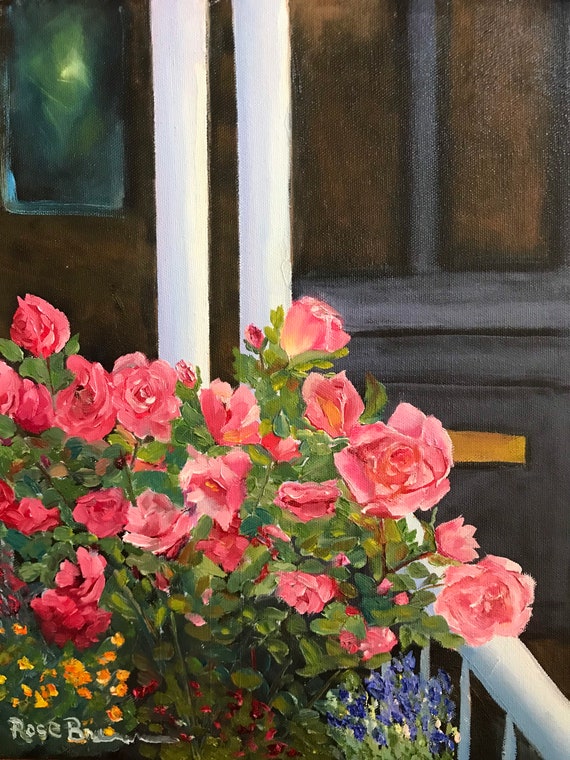 Rose painting, pink roses, Porch Roses, Flower Painting, Front porch, pink flowers, canvas painting