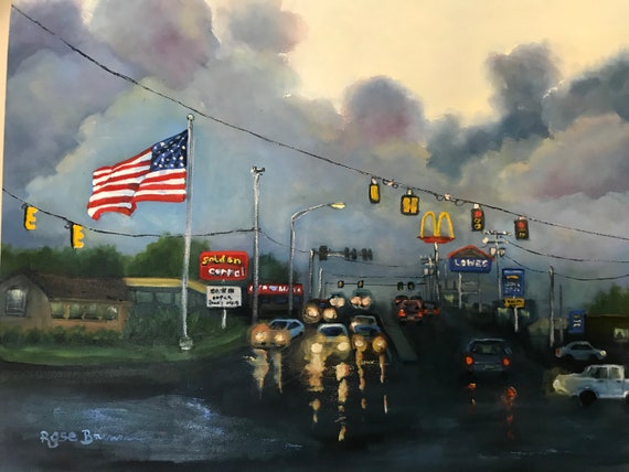 Cityscape painting, city scene, street scene, stormy sky, car painting, Auto Zone, Enterprise, street art