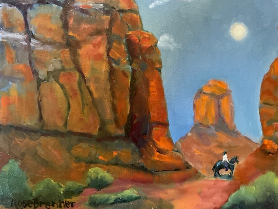 Cowboy original canvas oil painting, Utah Colorado New Mexico Wyoming Western art, bright earthy tones office wall art, terra cotta modern