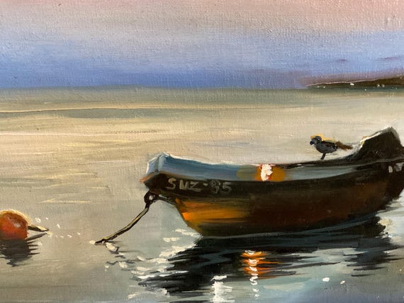 boat original canvas oil painting ocean bay water, moonlight on water, sea gull minimalist neutral bedroom office wall art