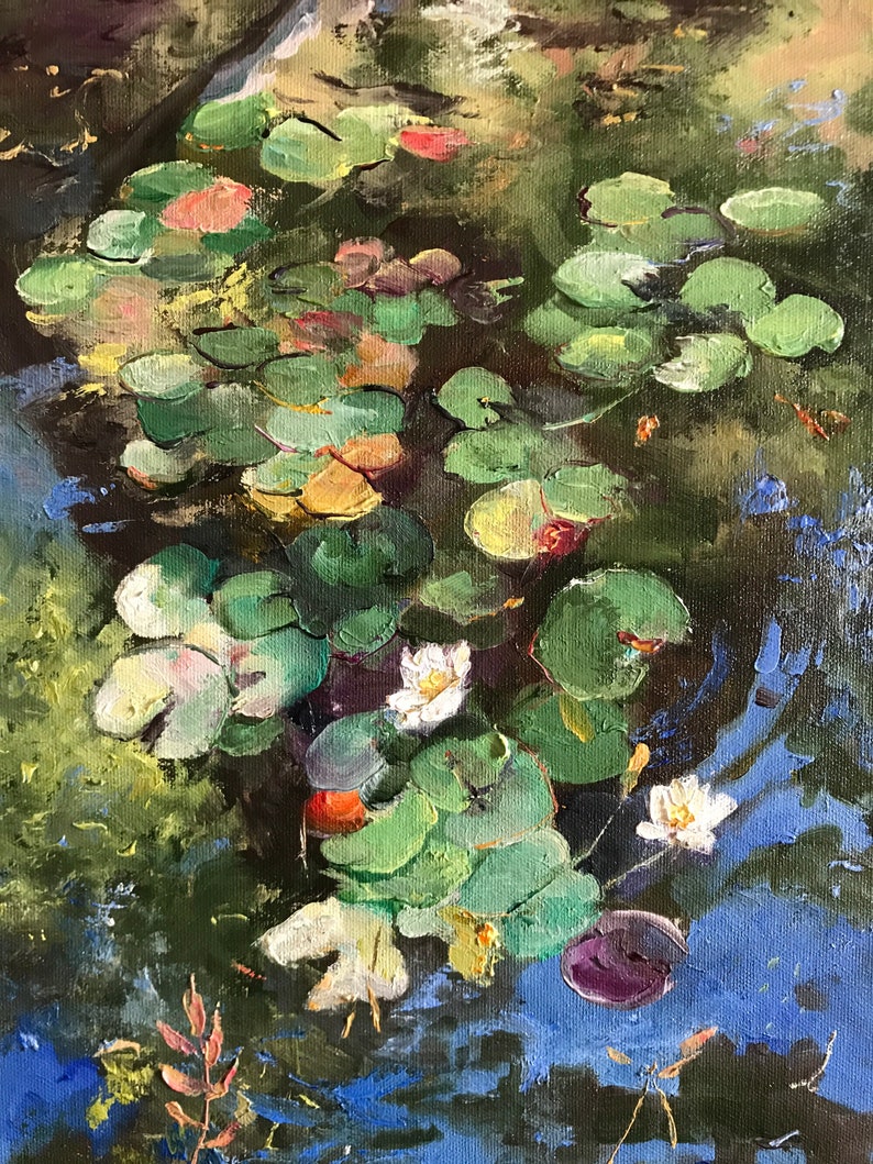 Monet Style Painting, Large Painting, Lily Pond, Impressionist, Lily Pad, Flower Art, Summer art 