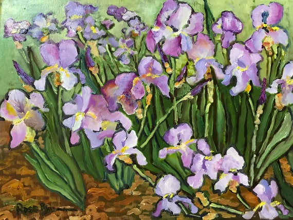 Iris painting, Van Gogh style, canvas painting, Landscape Painting, flower garden, Lavender iris