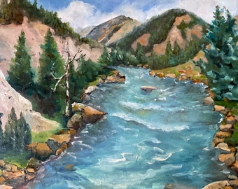 River painting, metolius river, Oregon landscape, Landscape Painting, wall decor, river canvas painting
