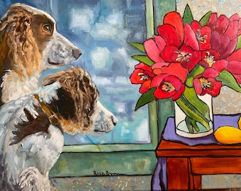 Dog painting, English Setter, Red tulips, abstract still life, lemons, dogs, wife birthday gift