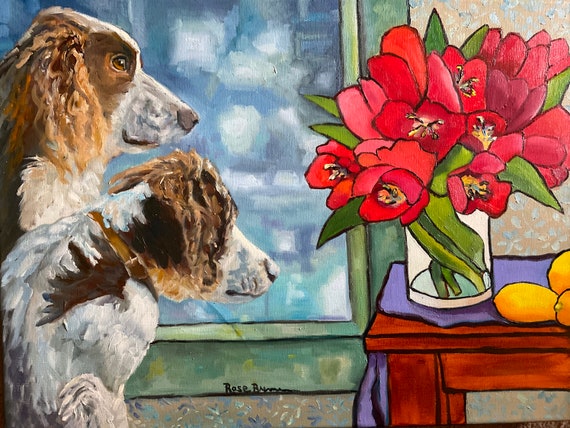 Dog painting, English Setter, Red tulips, abstract still life, lemons, dogs, wife birthday gift