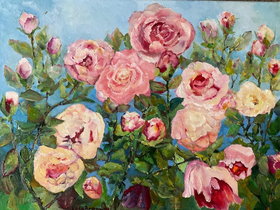 Roses flower painting, original canvas painting, gift ideas for mom sister hiker gardener, Van Gogh style painting, bedroom wall decor