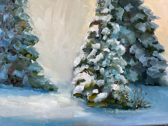 Christmas trees, winter painting, pine trees, snow painting, woods, nocturne, canvas painting