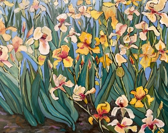 Irises, Van Gogh style, yellow irises, Flower Painting, Oil canvas painting, iris, irises, old fashioned iris