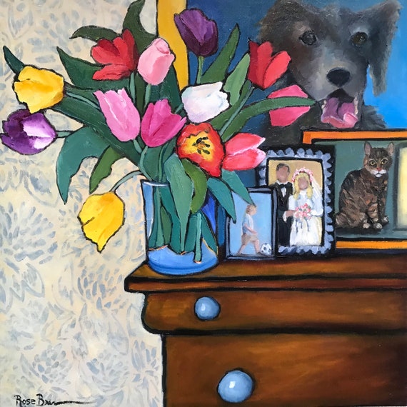 Abstract, tulips, dog painting, cat painting, wedding gift, flower painting, canvas painting, living room art, floral home decor, wall decor