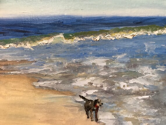 Dog painting, dog on the beach, dog and ocean, small dog painting