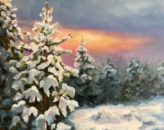 Snow painting, winter scenery, award winning art, Large Landscape Painting, Rustic Field Scene, winter art, sunrise