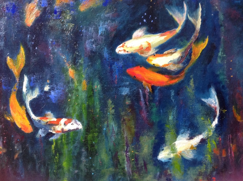 Burnt Orange, Fish, Lily Pond, Goldfish, Zen Art, Award Winning Painting, Waterscape, Large Painting, 