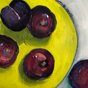 Plum painting, purple plums, food art, chartreuse, food painting