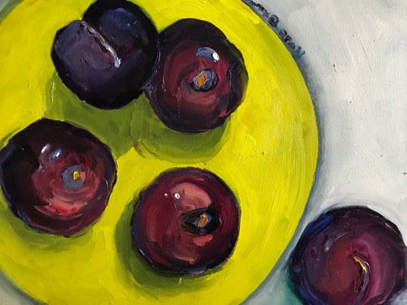 Plum painting, purple plums, food art, chartreuse, food painting