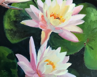 May include: A painting of three pink water lilies with yellow centers, set against a dark green background. The lilies are in various stages of bloom, with some petals open and others closed.