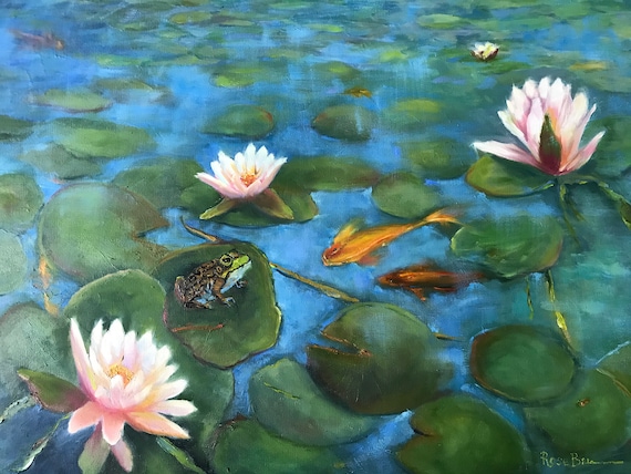 Koi fish and water lily original oil painting, Monet, frog Painting, lily pads, living room art, canvas painting, home decor, wall decor
