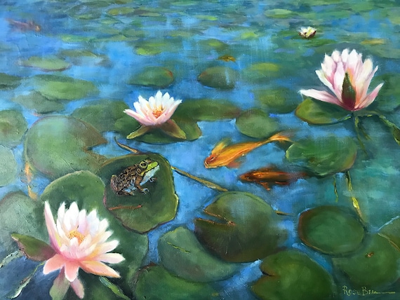 Fish painting, Lily pond, Monet style lily pond, Lilies, frog Painting, lily pads, living room art, canvas painting, home decor, wall decor